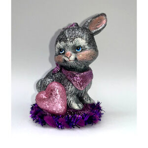 Vintage Ceramic Silvery Gray Glittery Easter Bunny Valentine Bunny Heart OOAK